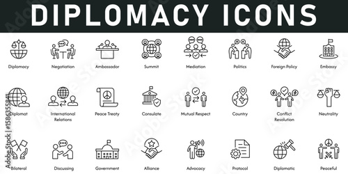 Diplomacy Icons vector illustration with thin line editable stroke contains negotiation, ambassador, summit, protocol, alliance, government, neutrality, mutual respect, peace treaty, international