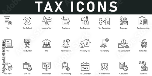 Tax Icons vector illustration with thin line editable stroke contains tax refund, income tax, calculator, tax planning, calendar, rate, penalty, evasion, burden, accounting, deduction, form, IRS, VAT