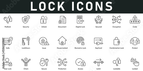 Lock Icons vector illustration with thin line editable stroke contains padlock, security, unlock, document, digital lock, locked, access, protection, secure, chain, user lock, biometric lock, issue