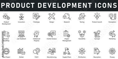 Product Development Icons vector illustration with thin line editable stroke contains innovation, research, process, distribution, manufacturing, marketing, project management, intellectual property.