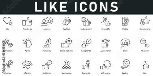 Like Icons vector illustration with thin line editable stroke contain thumbs up, approve, applaud, endorsement, recommend, feeling, favorite, validation, affection, positive, admiration, agree, social