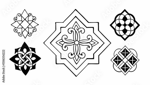 Collection of five black and white decorative square shaped designs with intricate geometric patterns