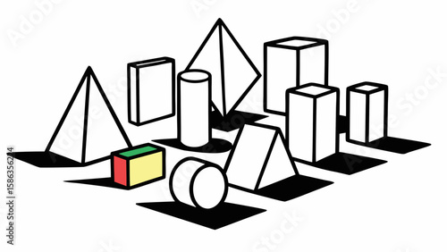 Illustration of various geometric shapes including pyramids, cubes, cylinders, and prisms with shadows
