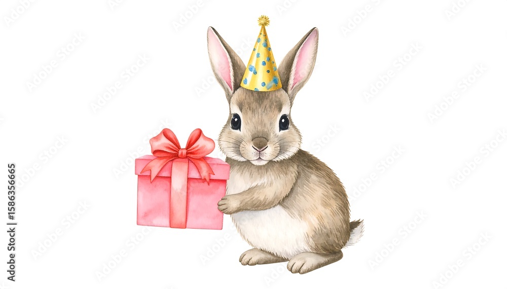 Obraz premium Cute bunny with a party hat holding a gift