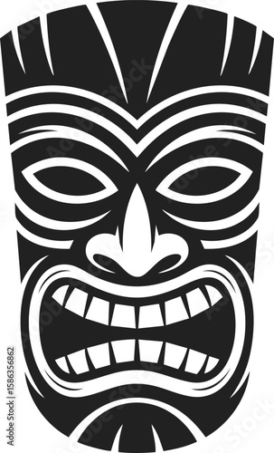Tiki mask, Polynesian art, carved wooden face, tribal symbolism, expressive features, cultural heritage, decorative ornament, ancestral spirits