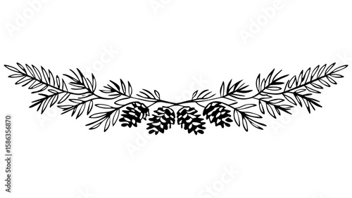 Illustration of a symmetrical arrangement of pine branches and cones in black and white outline style