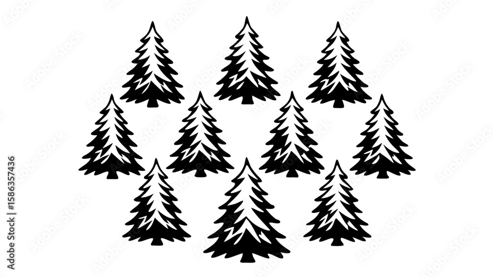 Obraz premium A collection of ten stylized christmas trees arranged in a semi circular pattern on a white background