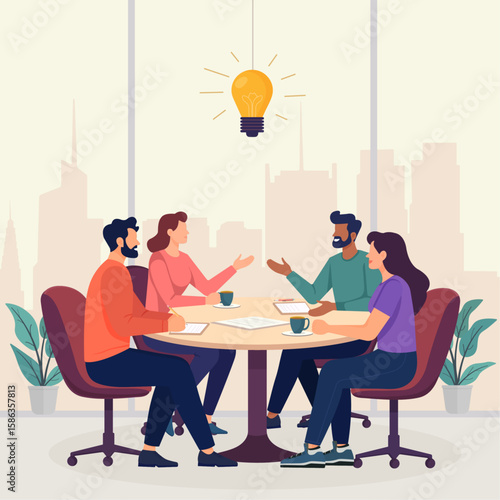 Flat vector illustration of a diverse business team having a discussion around a round table. People sharing ideas, working with documents and coffee. Modern teamwork, communication, collaboration