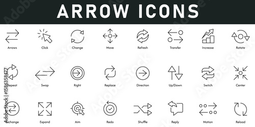 Arrow Icons vector illustration with thin line editable stroke containing click. change, move, refresh, transfer, increase, rotate, repeat, swap, right, replace, direction, switch, center, expand, aim