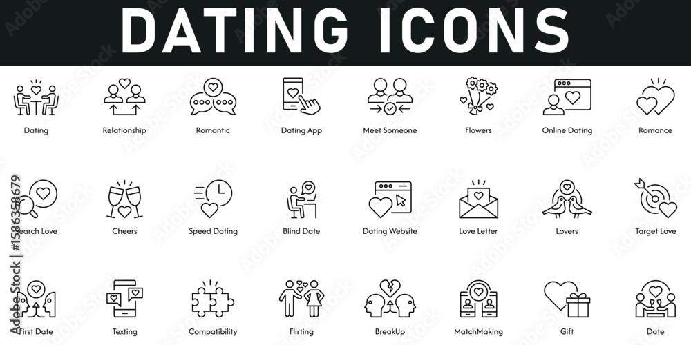 Fotografie Dating Icons vector illustration with thin line editable stroke containing relationship, romantic, meet someone, search love, cheers, blind date, love letter, texting, flirting, breakup, gift, lovers