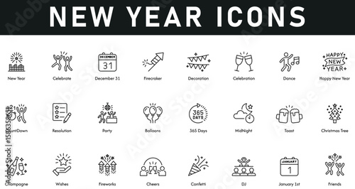 New Year Icons vector illustration with thin line editable stroke containing celebrate, December 31, firecracker, decoration, dance, countdown, party, toast, champagne, cheers, friends, Christmas tree