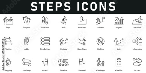 Steps Icons vector illustration with thin line editable stroke containing footprint, walk, next steps, achieve, progress, prioritize, ladder, upstairs, process, checklist, challenge, descend, timeline