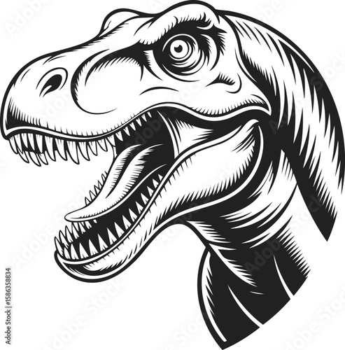 Tyrannosaurus rex head illustration, vintage engraved style, detailed dinosaur portrait, prehistoric creature art