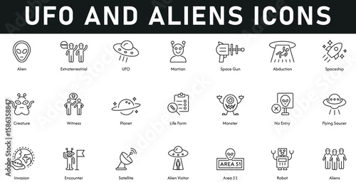 Ufo and Aliens Icons vector illustration with thin line editable stroke containing Martian, robot, satellite, invasion, saucer, monster, spaceship, planet, creature.