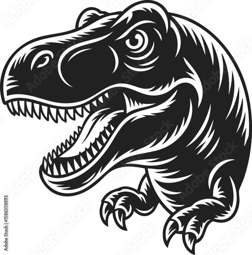 Tyrannosaurus Rex, dinosaur head illustration, ferocious predator, vintage engraved style, prehistoric creature, wild beast carving, detailed etching, threatening jaws