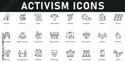 Activism Icons vector illustration with thin line editable stroke containing advocacy, peace, social justice, protestor, campaign, resistance, solidarity, human rights, equality, demonstration, aware