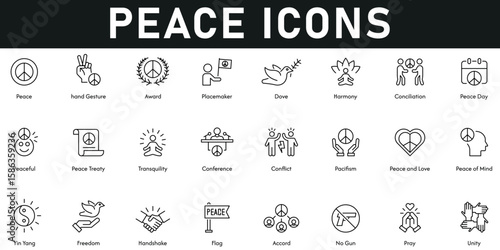 Peace Icons vector illustration with thin line editable stroke containing award, peacemaker, dove, harmony, peaceful, treaty, tranquility, conflict, pacifism, unity, handshake, pray, love, freedom.