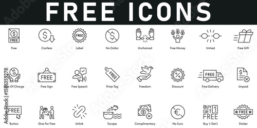 Free Icons vector illustration with thin line editable stroke containing costless, unchained, free money, gift, speech, delivery, sticker, buy 1 get 1, price tag, free of charge, unlink, freedom.