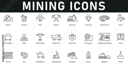 Mining Icons vector illustration with thin line editable stroke containing minerals, mine, pickaxe, excavator, diamond, coal wagon, shovel, bulldozer, lantern, ground, tunnel, gold, dynamite, ore