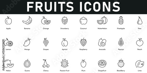 Fruits Icons vector illustration with thin line editable stroke containing cherry, guava, melon, pear, banana, apple, orange, strawberry, coconut, pineapple, grapefruit, lime, peach, apricot, grapes.