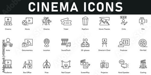 Cinema Icons vector illustration with thin line editable stroke containing movie, projector, audience, actor, film, ticket, director, soundtrack, 3D glasses, screenplay, box office, critic, popcorn.