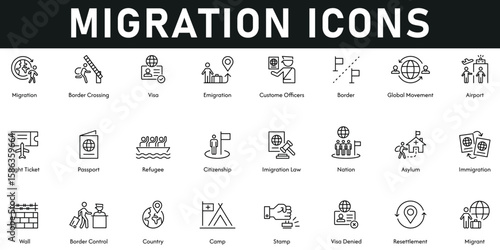 Migration Icons vector illustration with thin line editable stroke containing resettlement, stamp, camp, wall, immigration, citizenship, passport, flight ticket, airport, global movement, visa, border