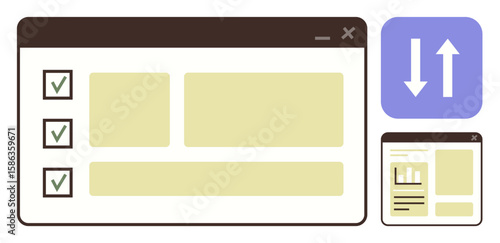 Checklist with ticked boxes and text blocks on a browser window interface beside sorting arrows. Ideal for task management, workflow optimization, organization, planning, prioritization