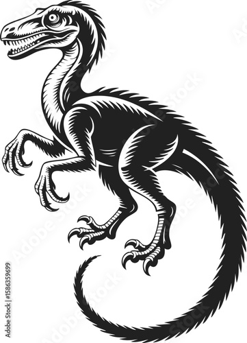 Velociraptor, fierce dinosaur illustration, prehistoric predator, detailed engraving of a velociraptor with sharp claws