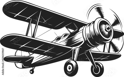 Vintage biplane design, classic aircraft, retro aviation art, engraved flying machine, aeronautical emblem, travel icon