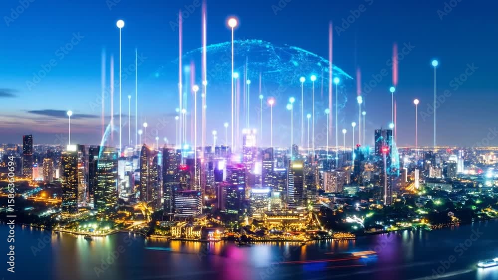 A night cityscape, illuminated by data streams and digital connections, overlaying a cityscape of lit skyscrapers, next to water A night cityscape, illuminated by data streams and digital connections, overlaying a cityscape of lit skyscrapers, next to water