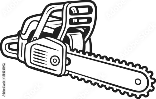 Vintage engraved chainsaw illustration, woodcutter tool design for emblems, logos, and tattoo art