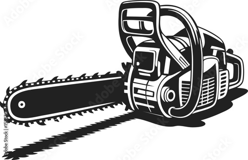 Vintage engraved chainsaw vector illustration, woodcutter tool, electric saw, logging equipment design