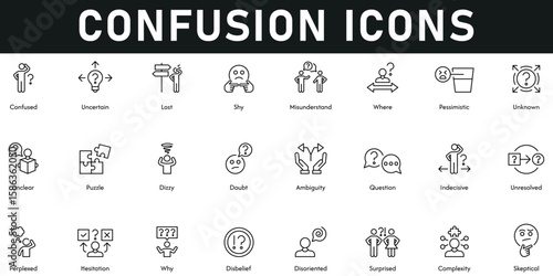 Confusion Icons vector illustration with thin line editable stroke containing complexity, disbelief, hesitation, question, doubt, unclear, unknown, misunderstand, lost, shy, uncertain, unresolved, why