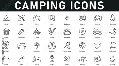 Camping Icons vector illustration with thin line editable stroke containing cooking, bear, wildlife, hiking, location, compass, cabin, campfire, barbecue, road trip, marshmallow, picnic table, axe, RV