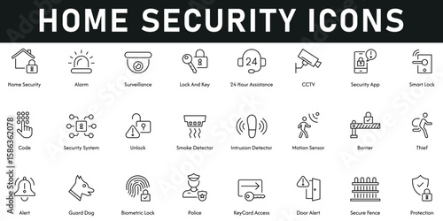 Home Security Icons vector illustration with thin line editable stroke contains alarm, protection, biometric lock, barrier, code, smart lock, surveillance, motion sensor, keycard access, CCTV, unlock
