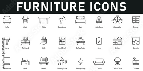 Furniture Icons vector illustration with thin line editable stroke containing bench, desk, wardrobe, kitchen, bookshelf, lamp, dresser, bed, table, chair, sofa, mirror, dining table, cabinet, couch.	