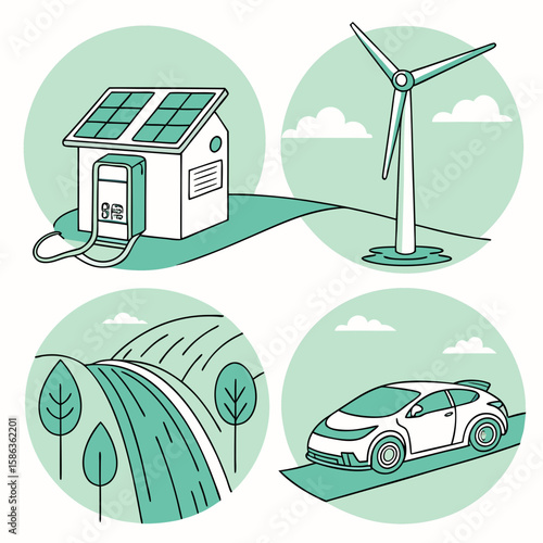 Illustration showing renewable energy sources and electric vehicle infrastructure concept design