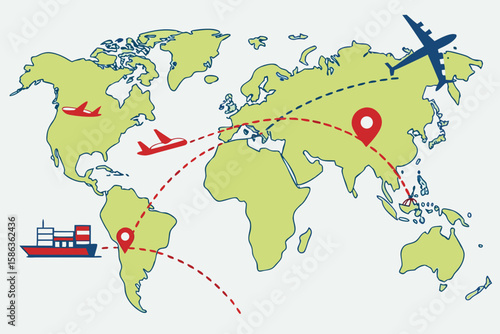 World map showing shipping routes with airplanes and a cargo ship for global trade network