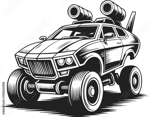 Vintage engraved illustration of an apocalyptic vehicle with oversized wheels and cannons