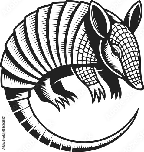 Vintage engraved illustration of an armadillo in dynamic pose, perfect for unique designs and creative projects