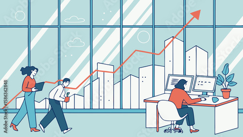 Teamwork and financial growth in the office with a rising trend line and people working together closely