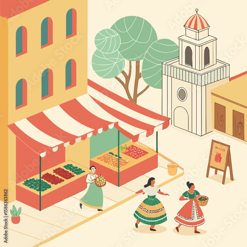 Isometric view of a market scene with women and stalls under striped awning near a church tower in town