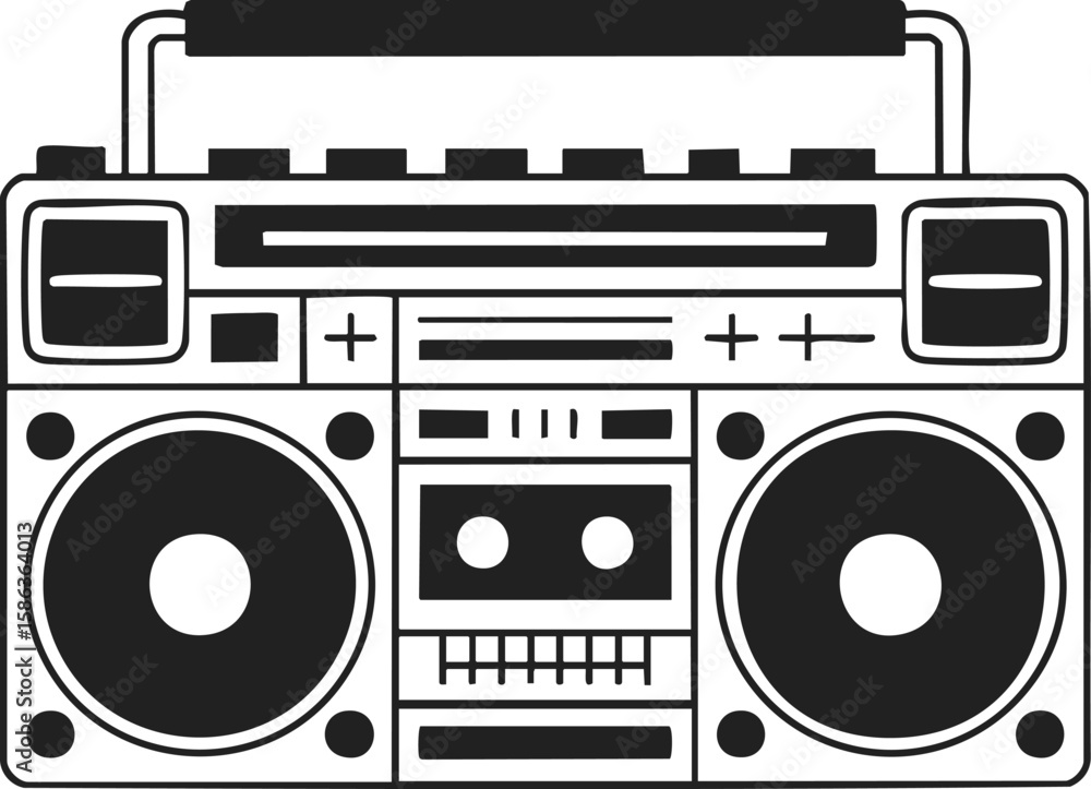 Fototapeta premium Vintage engraved style boombox, retro audio player, music machine, cassette deck, old-school sound system, decorative art