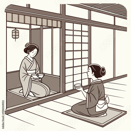 Two geishas in kimonos kneeling and holding tea cups in a traditional japanese room setting