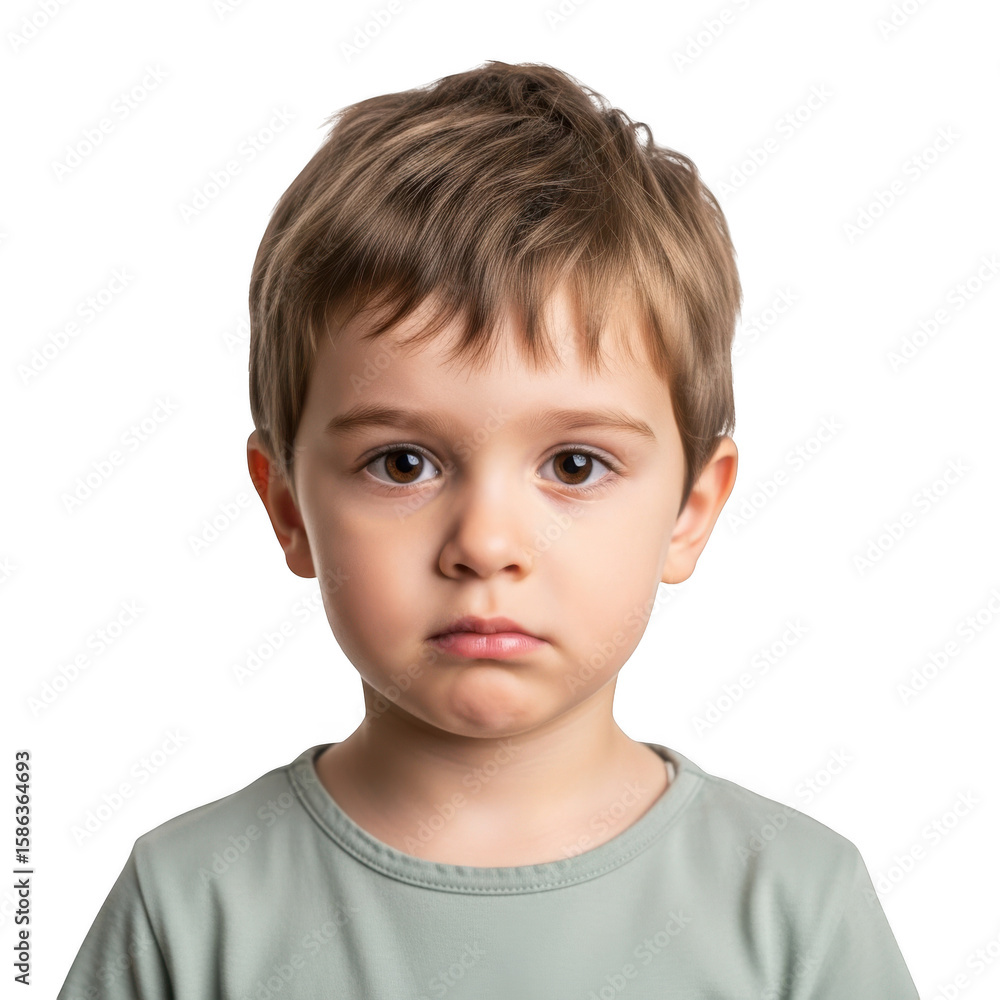 A young boy with brown hair and eyes looks directly at the camera, isolated on transparent background A young boy with brown hair and eyes looks directly at the camera, isolated on transparent background