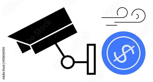 Black security camera monitoring a blue dollar sign icon with flowing lines. Ideal for financial security, digital economy, data privacy, financial monitoring, cybersecurity, risk management, simple