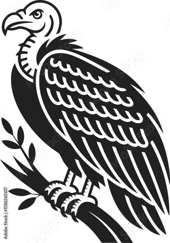 Vulture perched on a branch, bird of prey, nature illustration, wildlife engraving, black and white vector art, avian predator design, vintage style