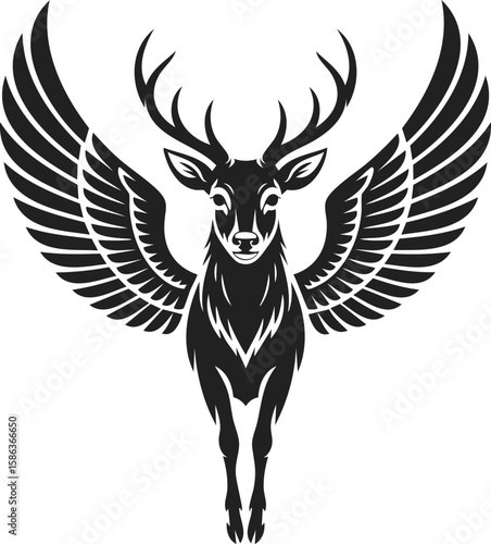 Winged deer, mythical creature, graceful stag with wings, soaring deer, emblematic animal in vintage engraving style