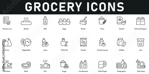 Grocery Icons vector illustration with thin line editable stroke containing dish soap, detergent, sugar, fish, beef, chicken, jam, coffee, snacks, juice, vegetables, fruits, cereal, flour, butter, egg