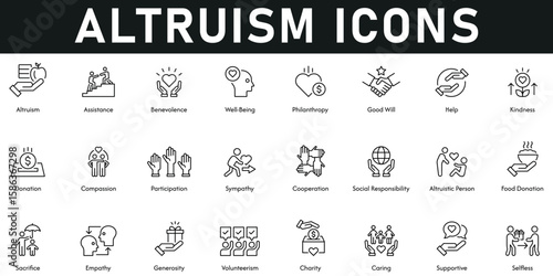 Altruism Icons vector illustration with thin line editable stroke containing selfless, supportive, charity, generosity, empathy, sacrifice, food donation, SCR, cooperation, sympathy, participation.